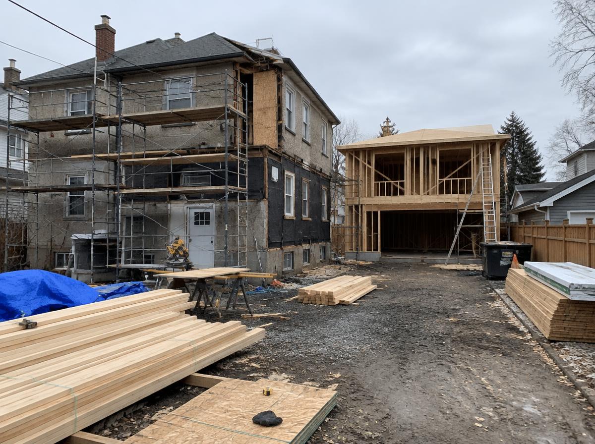 Triplex under construction with new garage suite framed