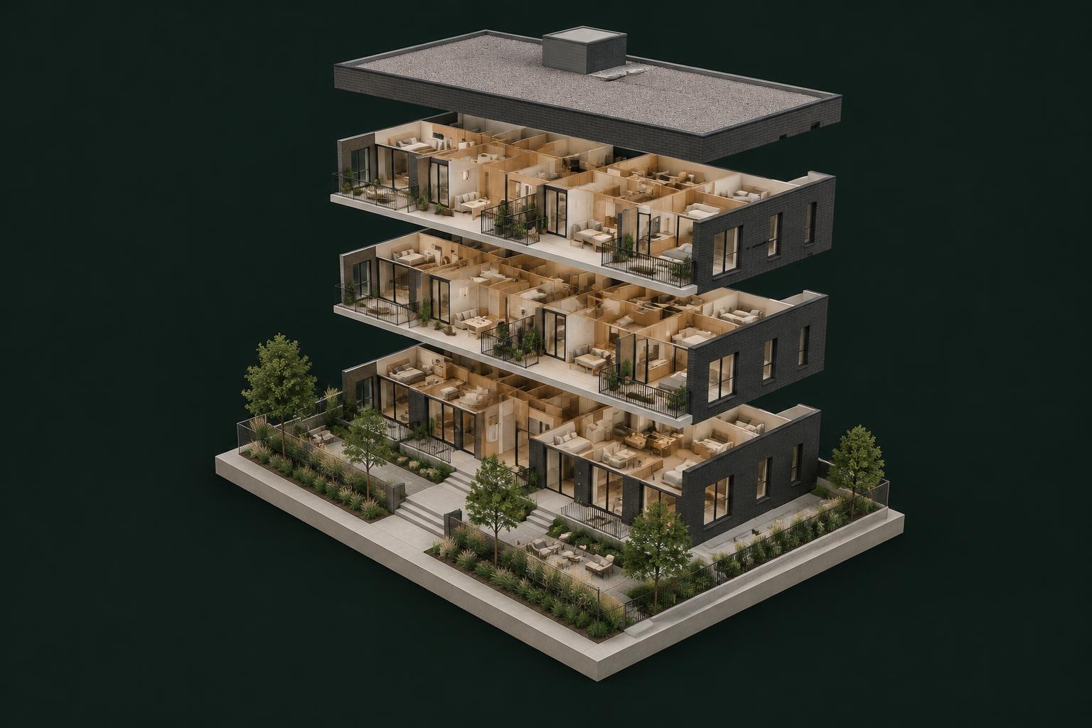 Conceptual exploded architectural model showing three rental floors, interiors and roof