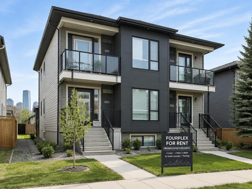 Modern stacked fourplex rental building in Edmonton